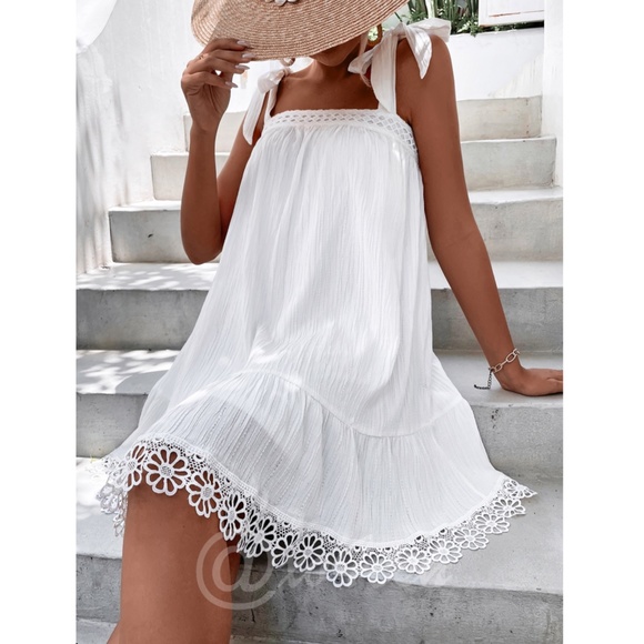 White A-Line Short Dress Tie Straps Guipure Detail - Picture 3 of 7